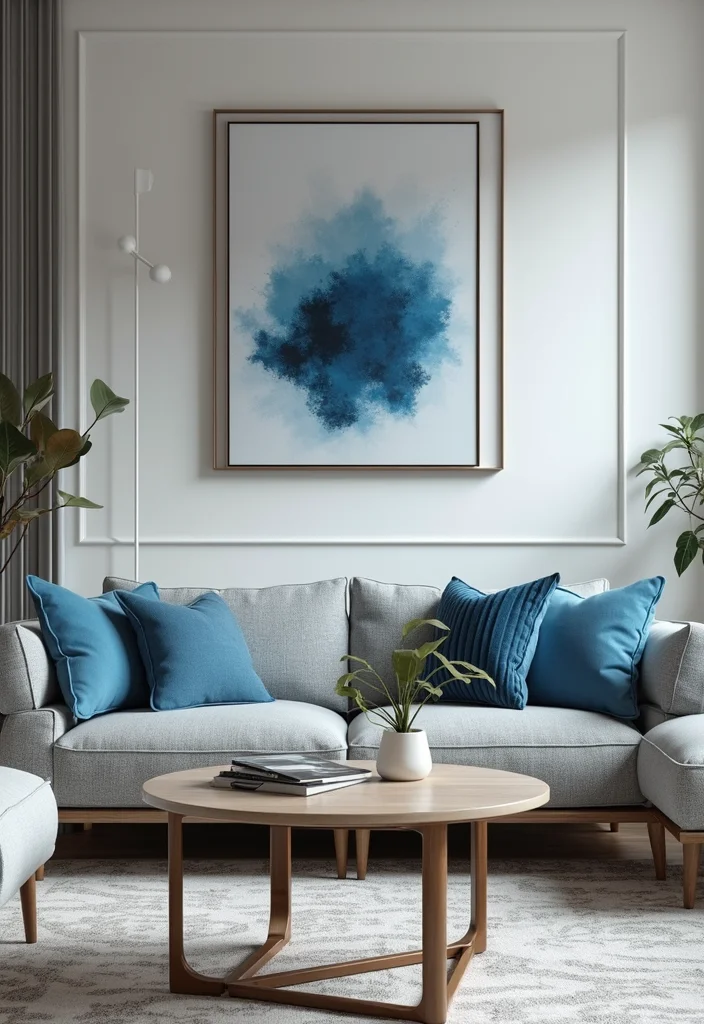 10 Blue and Silver Living Room Ideas for Cool Elegant Contrast - 2. Silver Accent Wall with Blue Artwork