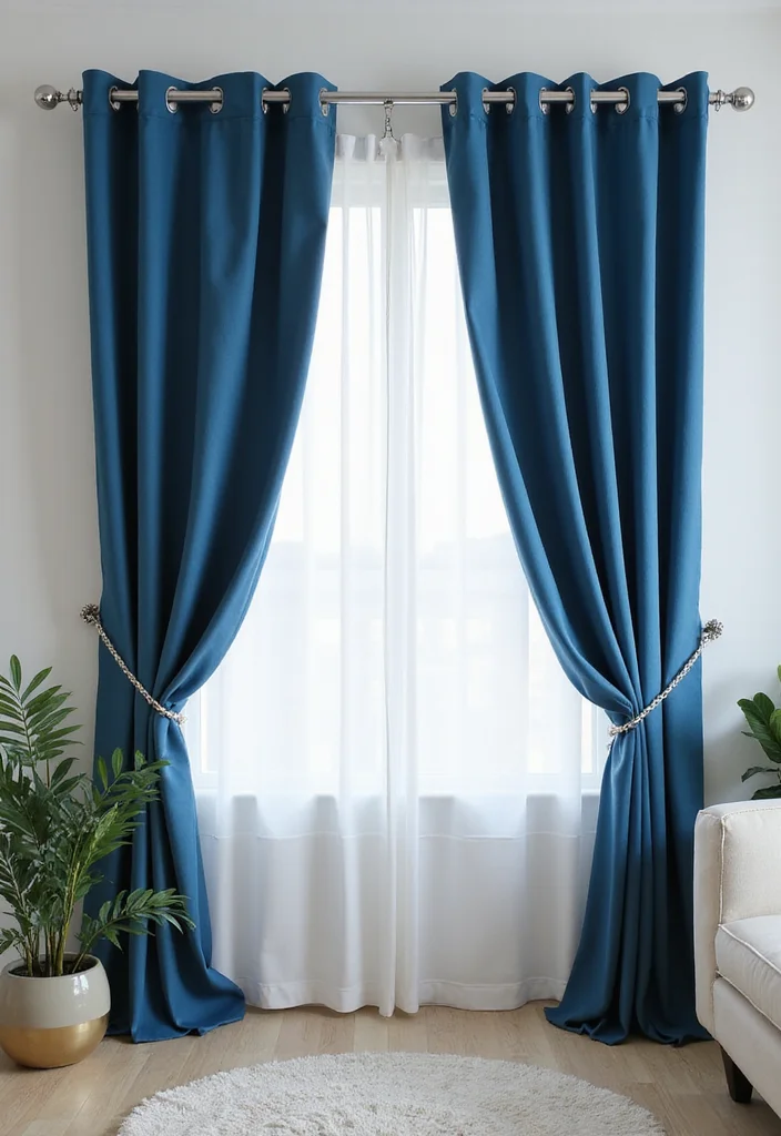 10 Blue and Silver Living Room Ideas for Cool Elegant Contrast - 5. Minimalist Blue Curtains with Silver Rods