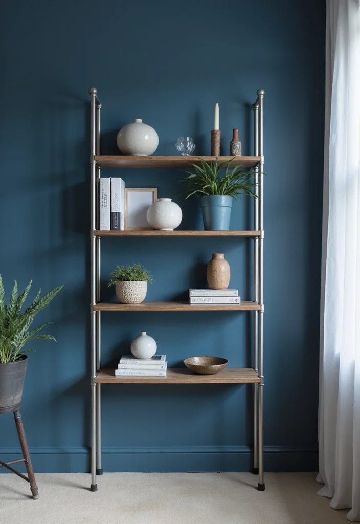 10 Blue and Silver Living Room Ideas for Cool Elegant Contrast - 6. Silver Shelving Units Against Blue Walls