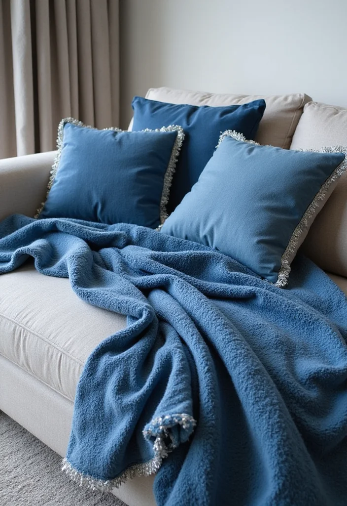 10 Blue and Silver Living Room Ideas for Cool Elegant Contrast - 7. Blue Throw Blankets and Silver Trimmed Cushions