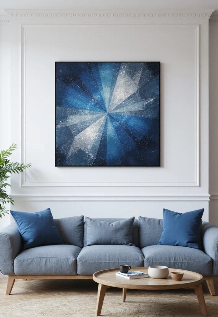 10 Blue and Silver Living Room Ideas for Cool Elegant Contrast - 8. Blue and Silver Geometric Wall Décor