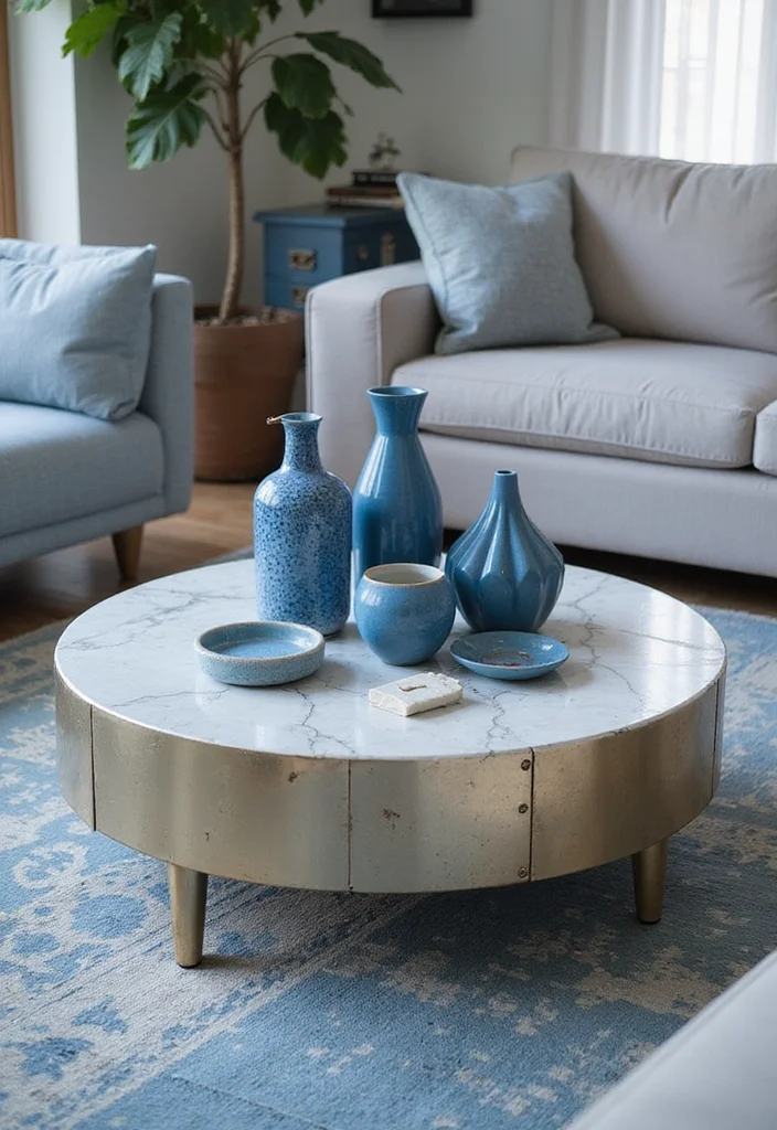 10 Blue and Silver Living Room Ideas for Cool Elegant Contrast - 9. Coffee Table with Silver Accents and Blue Accessories