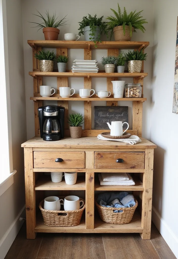 10 Kitchen Pallet Ideas for Rustic Budget Friendly Projects - 4. Pallet Coffee Station