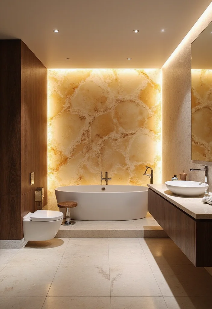 10 Onyx Bathroom Ideas for Bold Luxurious Style - 1. Statement Onyx Feature Wall