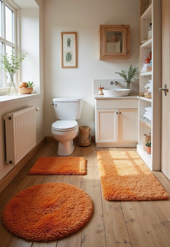 10 Orange Bathroom Ideas for Bright Warm Energy - 10. Orange Bathroom Rugs for a Cozy Touch