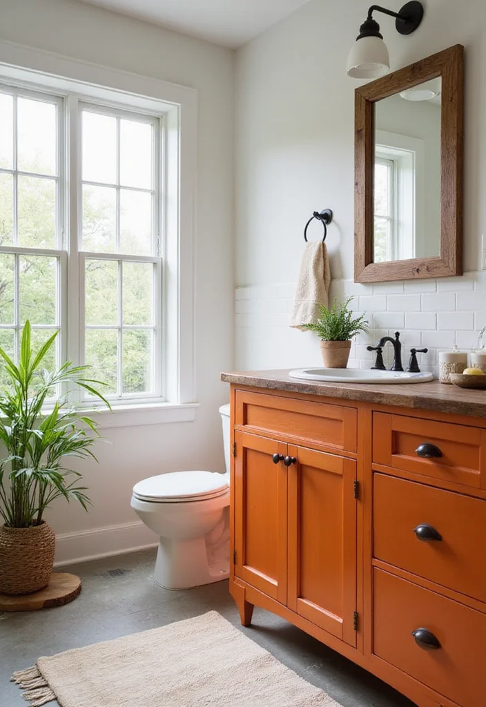 10 Orange Bathroom Ideas for Bright Warm Energy - 4. Natural Wood and Orange Combo