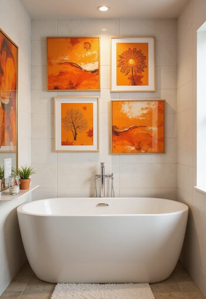 10 Orange Bathroom Ideas for Bright Warm Energy - 7. Bold Orange Art Pieces