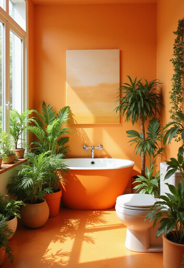 10 Orange Bathroom Ideas for Bright Warm Energy - 8. Orange Greenery: Plants with a Twist