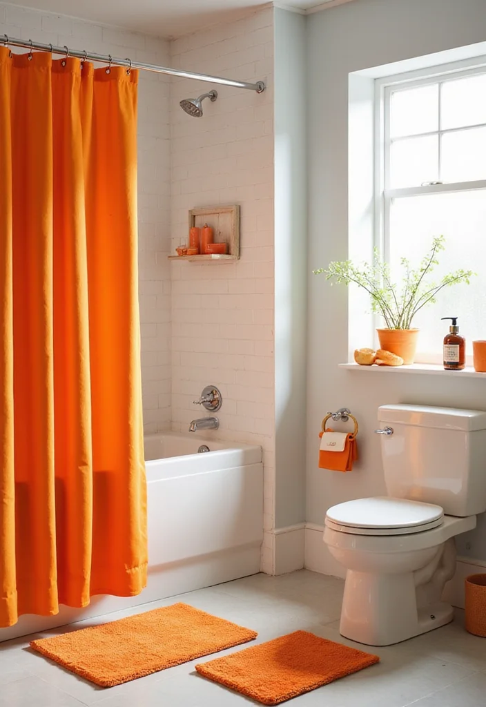 10 Orange Bathroom Ideas for Bright Warm Energy - 9. Orange Shower Curtain: Fun and Functional