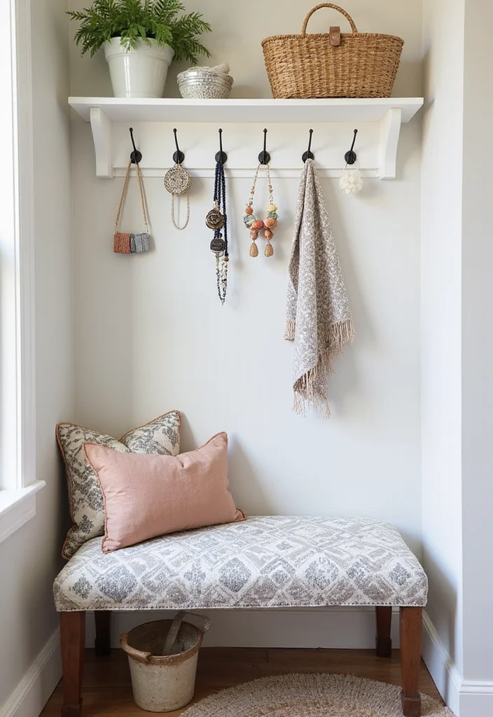 12 Bathroom Bench Ideas for Comfort and Practical Storage 45 12 Bathroom Bench Ideas for Comfort and Practical Storage - 5. Cushioned Bench with Hooks