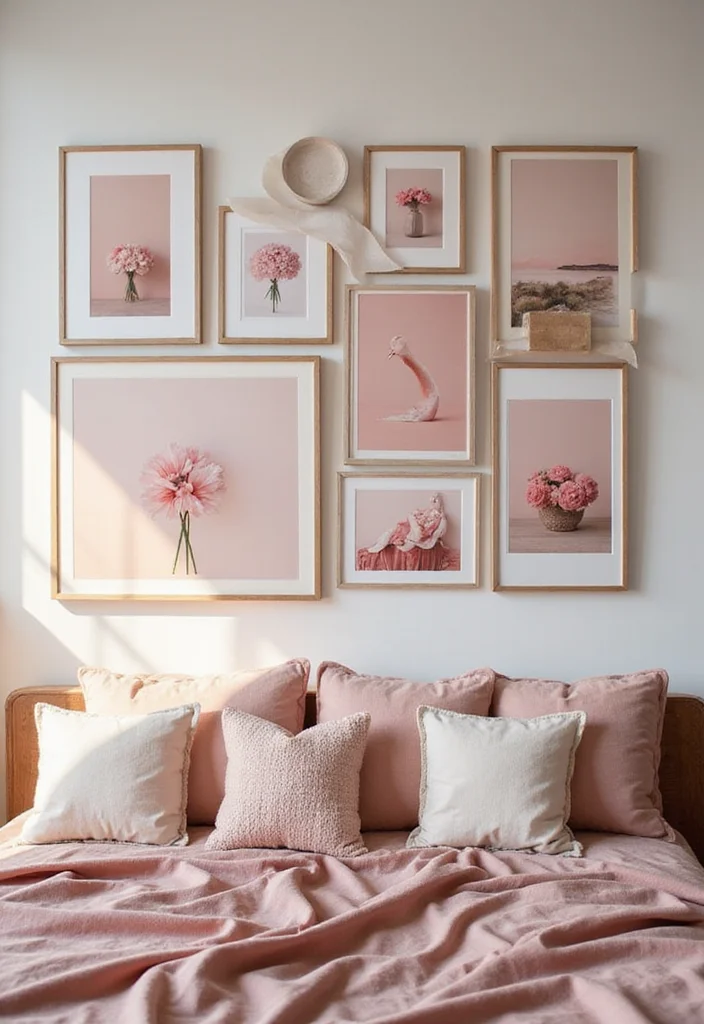 12 Blush Pink Living Room Ideas for Soft Modern Warmth - 2. Gallery Wall with Blush Pink Artwork