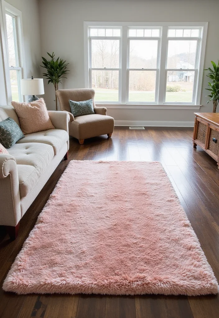 12 Blush Pink Living Room Ideas for Soft Modern Warmth - 7. Blush Pink Rugs for Textural Contrast