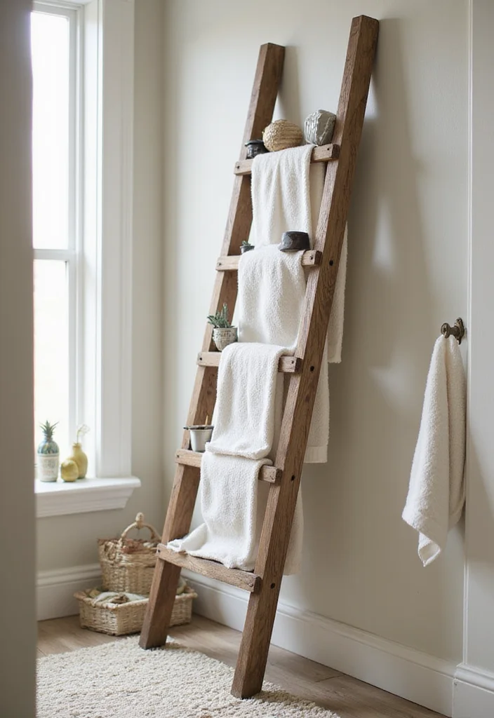 12 Cheap Bathroom Ideas for Easy Budget Friendly Upgrades 56 12 Cheap Bathroom Ideas for Easy Budget Friendly Upgrades - 6. Vintage Ladder Towel Rack