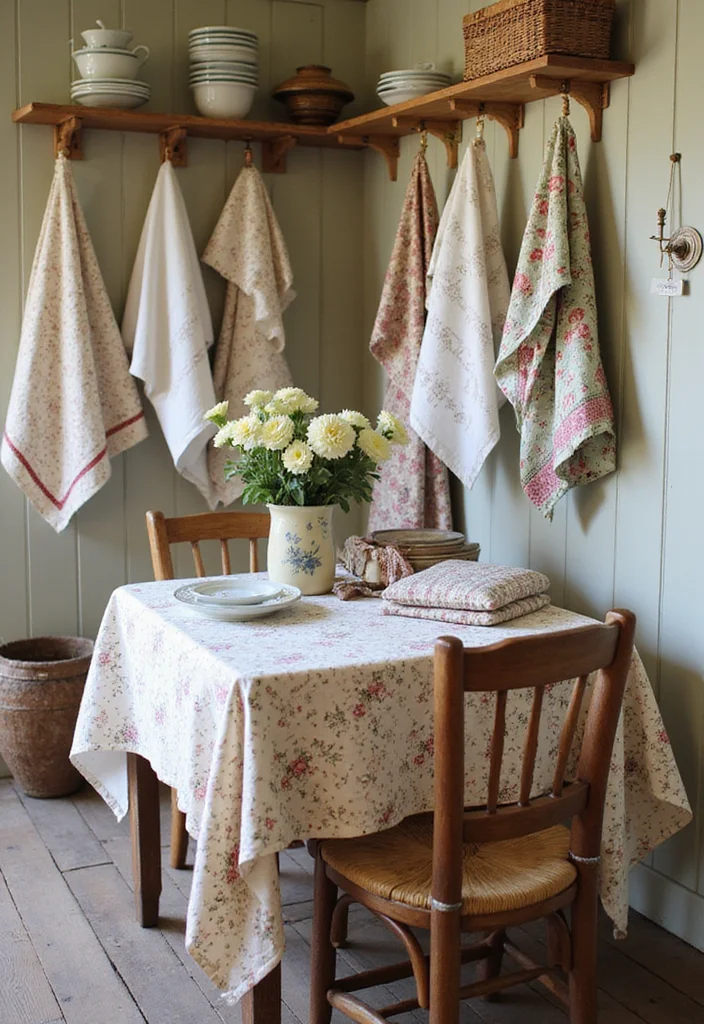 12 Cottage Core Kitchen Ideas for Soft Whimsical Charm - 7. Vintage Linens and Textiles