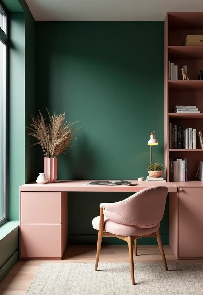 12 Green and Pink Living Room Ideas for Fresh Stylish Contrast - 10. Sophisticated Office Space