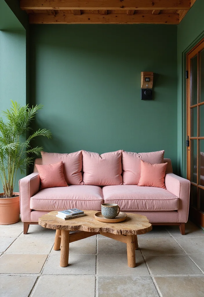 12 Green and Pink Living Room Ideas for Fresh Stylish Contrast - 12. Outdoor-Inspired Living Room