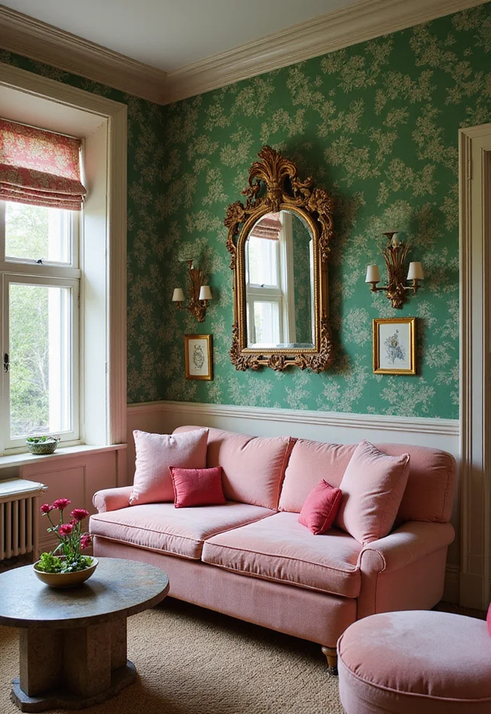 12 Green and Pink Living Room Ideas for Fresh Stylish Contrast - 2. Vintage Glamour with Bold Patterns