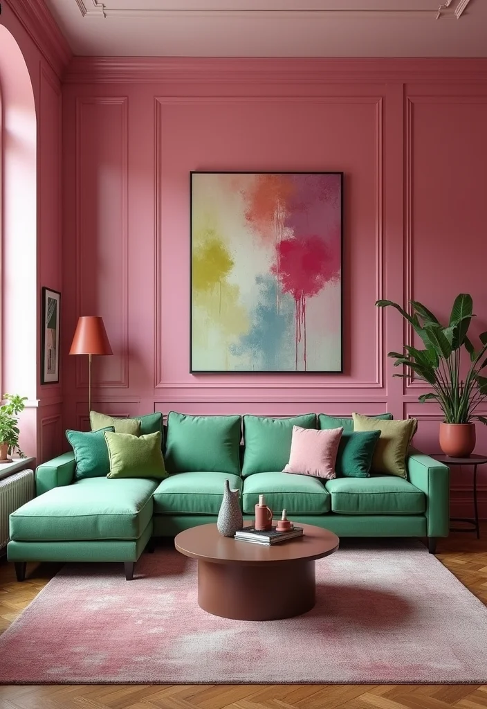 12 Green and Pink Living Room Ideas for Fresh Stylish Contrast - 7. Bold Artistic Expression