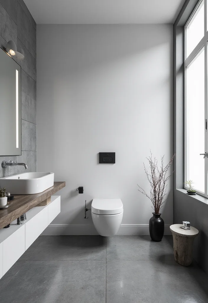 12 Grey Floor Bathroom Ideas for Clean Neutral Balance - 12. Minimalist Grey Floor with Monochrome Accents