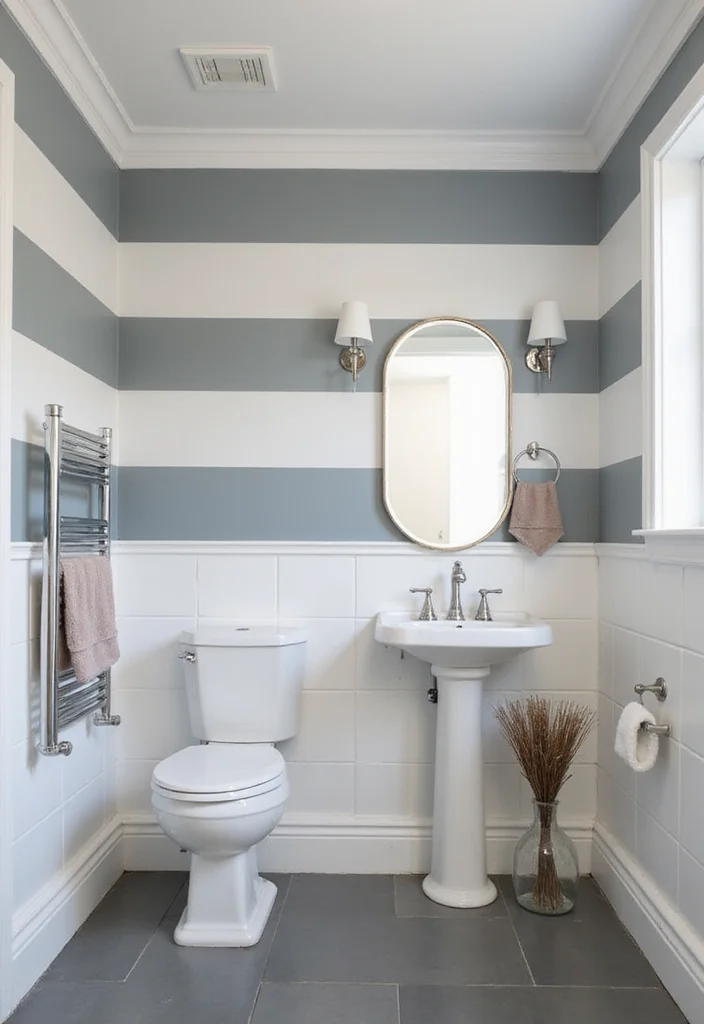 12 Grey Floor Bathroom Ideas for Clean Neutral Balance - 8. Grey and White Stripes