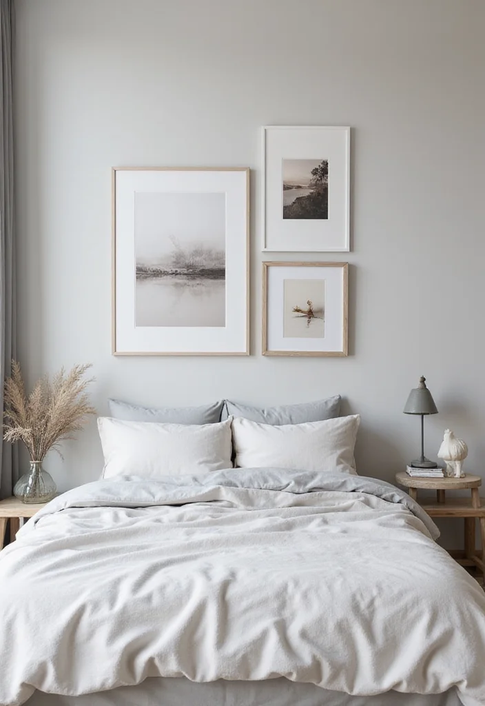 12 Light Grey Bedroom Ideas for Soft Elegant Calm - 6. Minimalist Art Displays