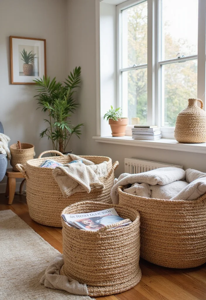 12 Living Room DIY Ideas for Easy Home Upgrades - 10. Natural Fiber Baskets