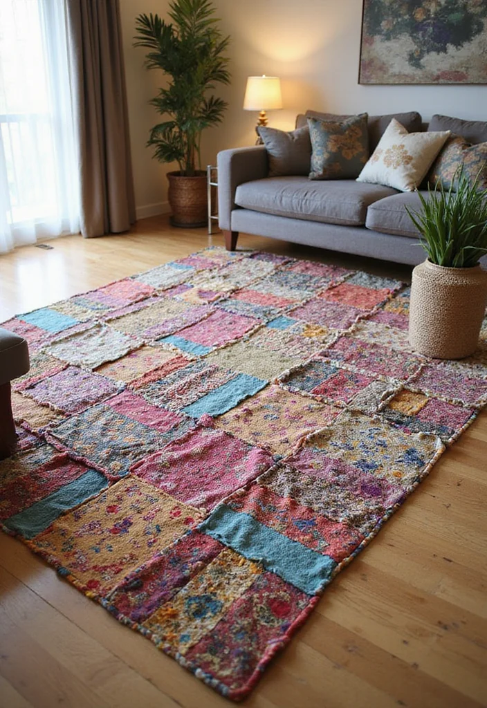12 Living Room DIY Ideas for Easy Home Upgrades - 7. Eco-Friendly Rug from Old Fabrics
