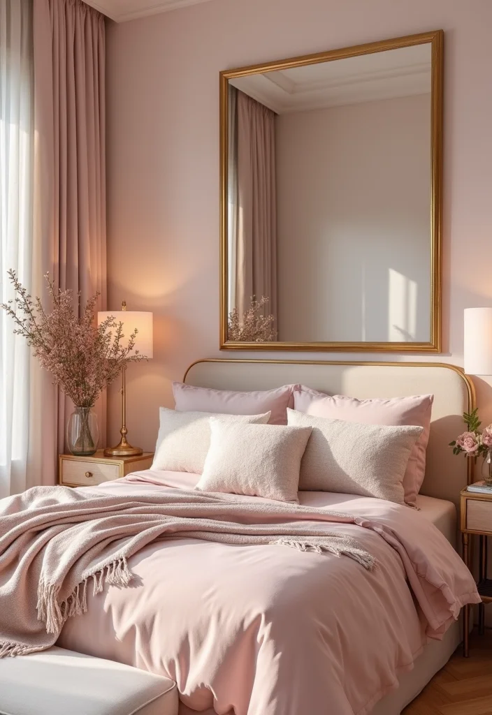 12 Pastel Bedroom Ideas for Fresh Airy Comfort 78 12 Pastel Bedroom Ideas for Fresh Airy Comfort - 8. Blush and Gold Glam
