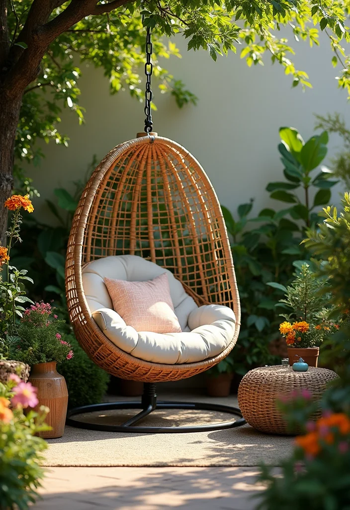 12 Small Backyard Seating Ideas for Cozy Functional Areas 34 12 Small Backyard Seating Ideas for Cozy Functional Areas - 4. Hanging Egg Chair
