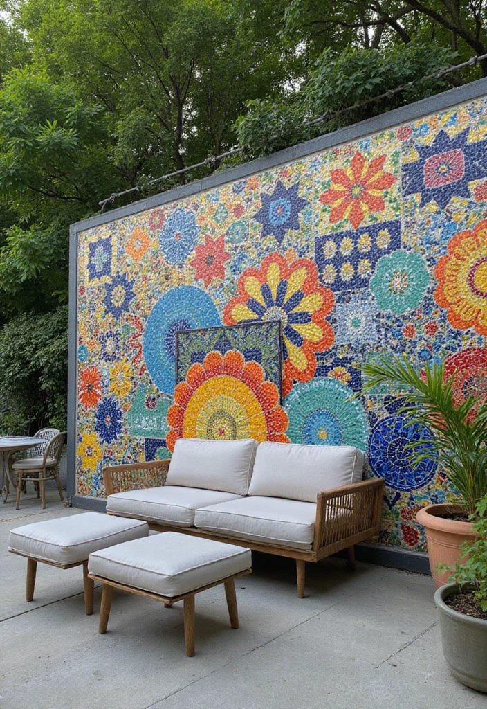 12 Small Backyard Wall Ideas for Privacy and Design 23 12 Small Backyard Wall Ideas for Privacy and Design - 3. Mosaic Tile Wall Art