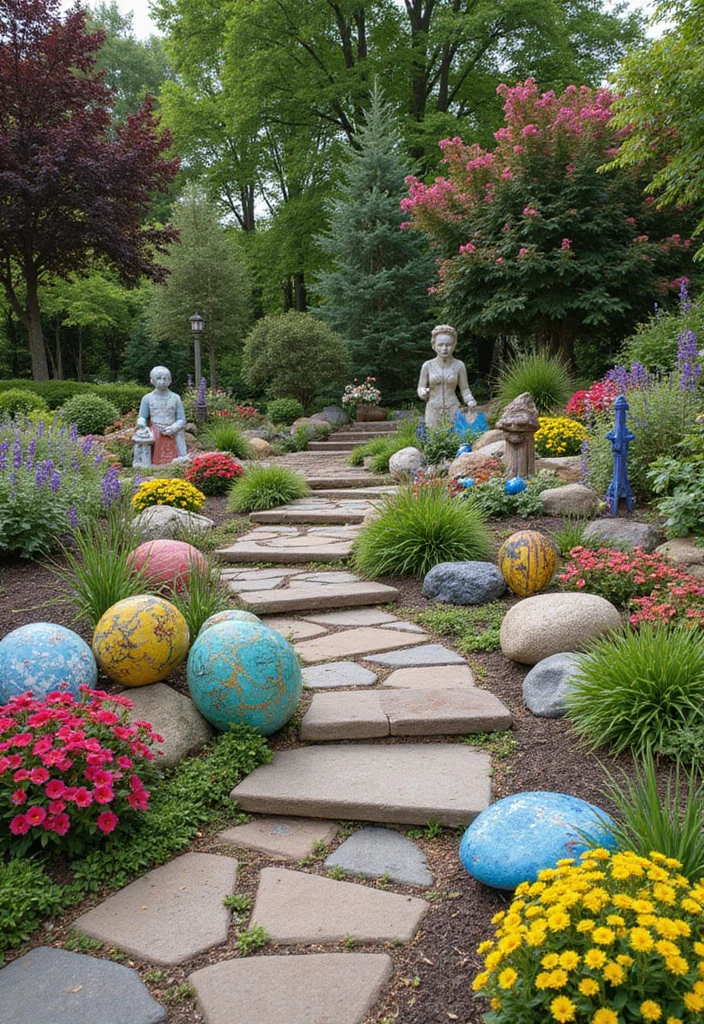 14 Outdoor Landscaping Ideas Backyard for Beautiful Greenery - 13. Art in the Garden: Express Your Style