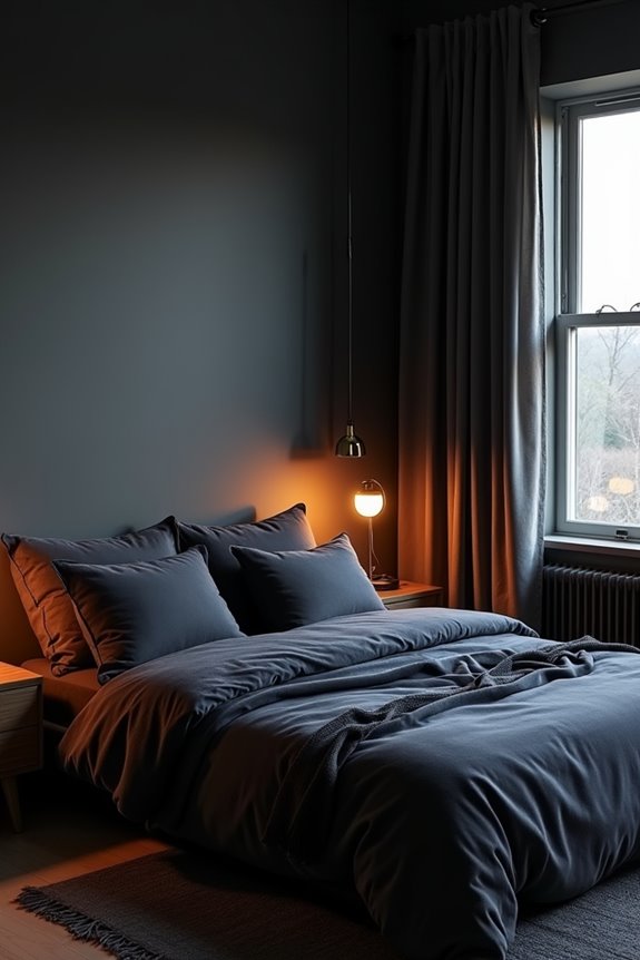 dark charcoal walls warm lighting plush textiles