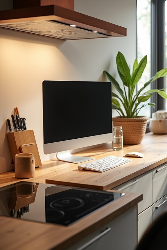 desk placement keeps kitchen flow separate