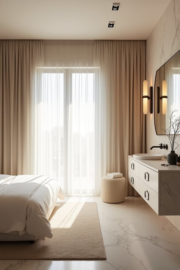 Should Your Bedroom and Bathroom Decor Match? 3 five matched styles unify bedroom and bath