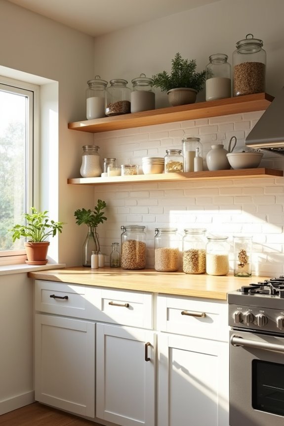 lighting and open shelving brighten space
