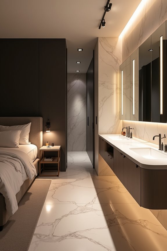 Should Your Bedroom and Bathroom Decor Match? 6 matching hardware warm cohesive lighting