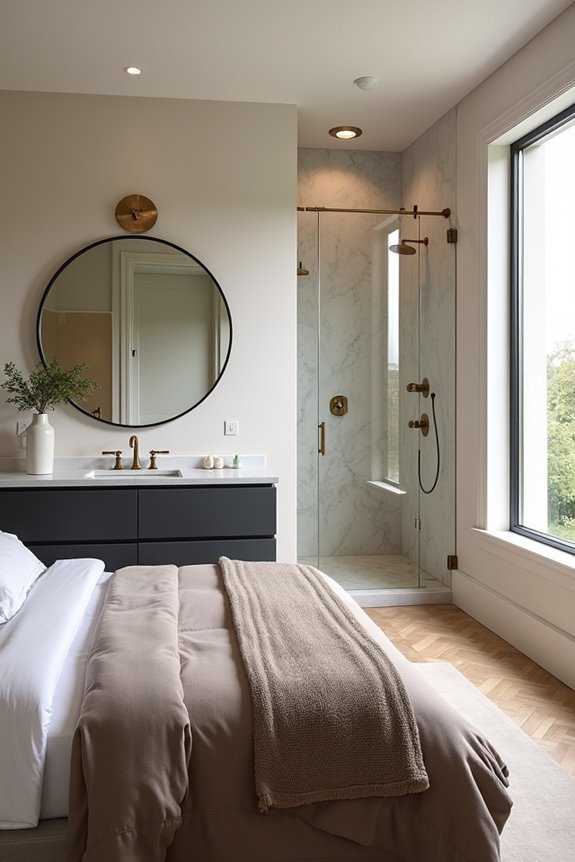 Should Your Bedroom and Bathroom Decor Match? 1 two rooms cohesive contrast